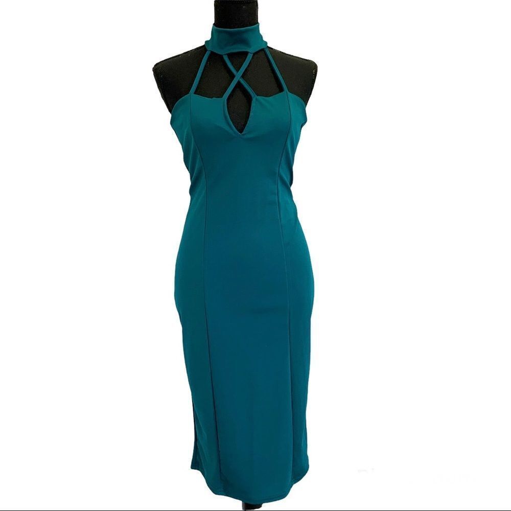Teal green cutout crisscross choker bodycon dress Sz M